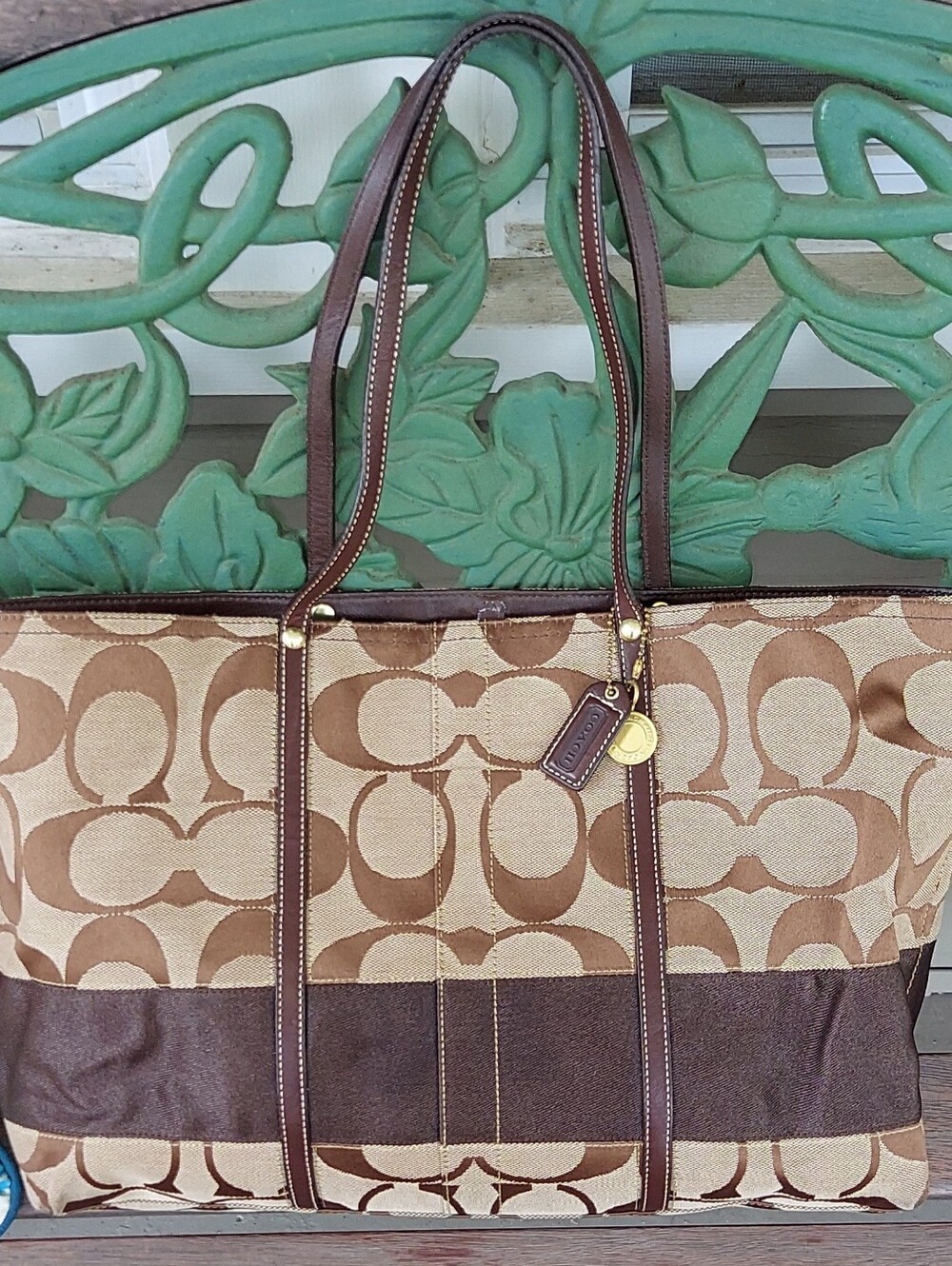 Coach Tan and Brown Signature Tote with Leather Trim